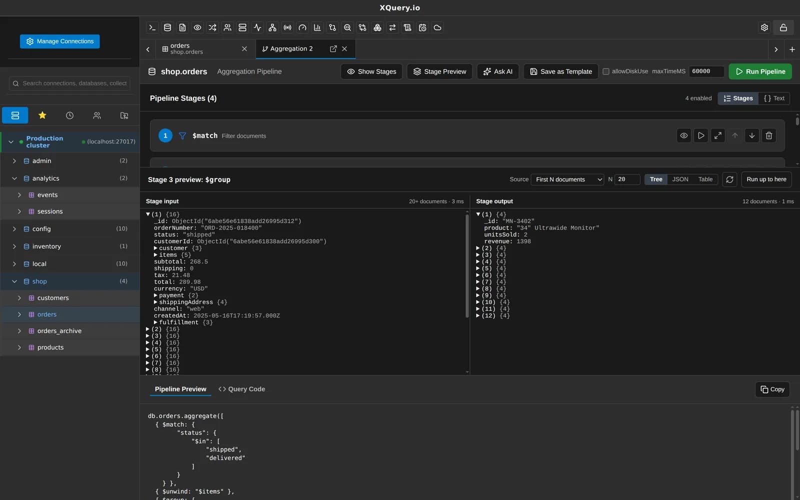 The MotionQL aggregation editor showing a pipeline and the output of the selected stage