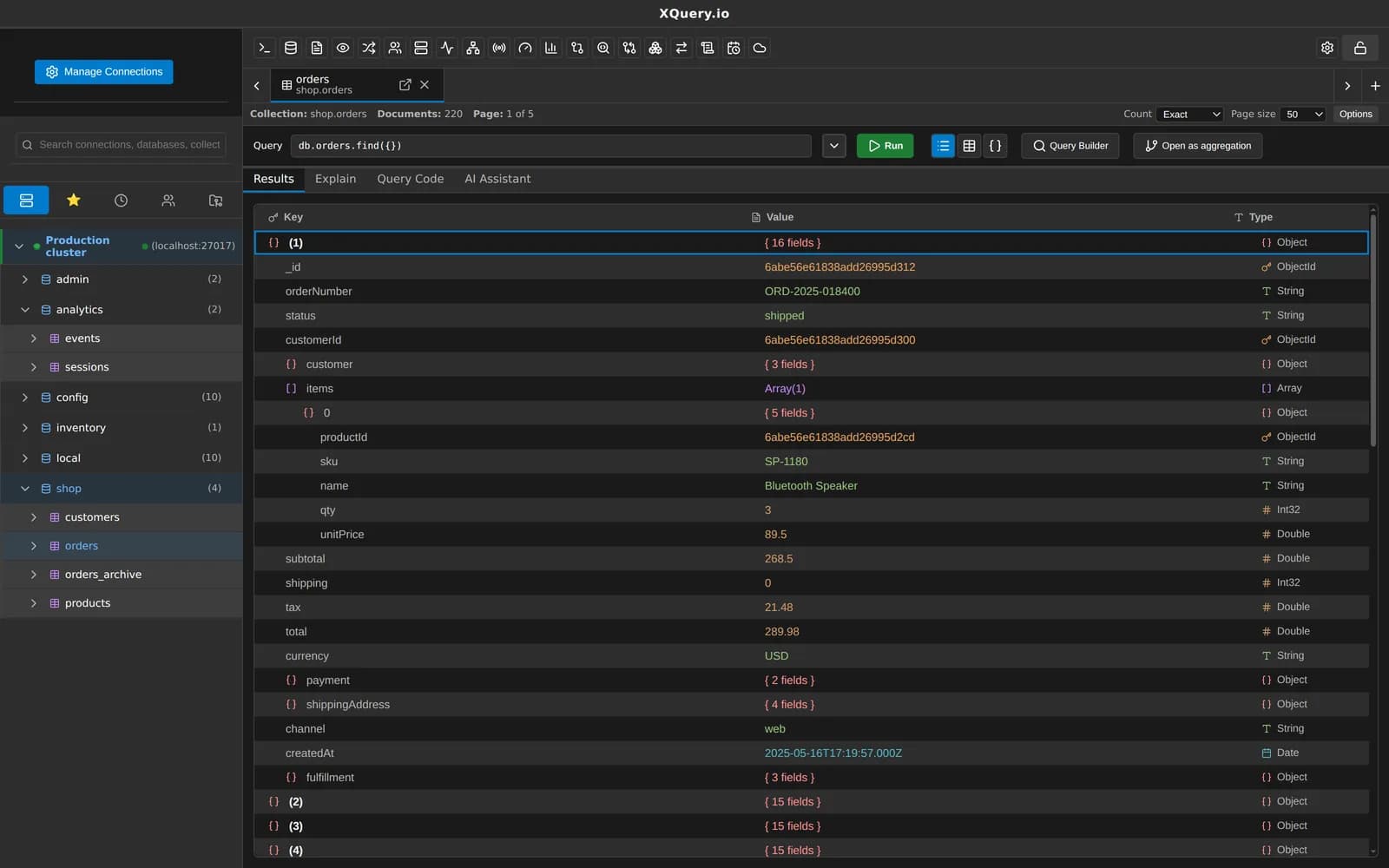 A MotionQL collection tab showing documents in a tree view