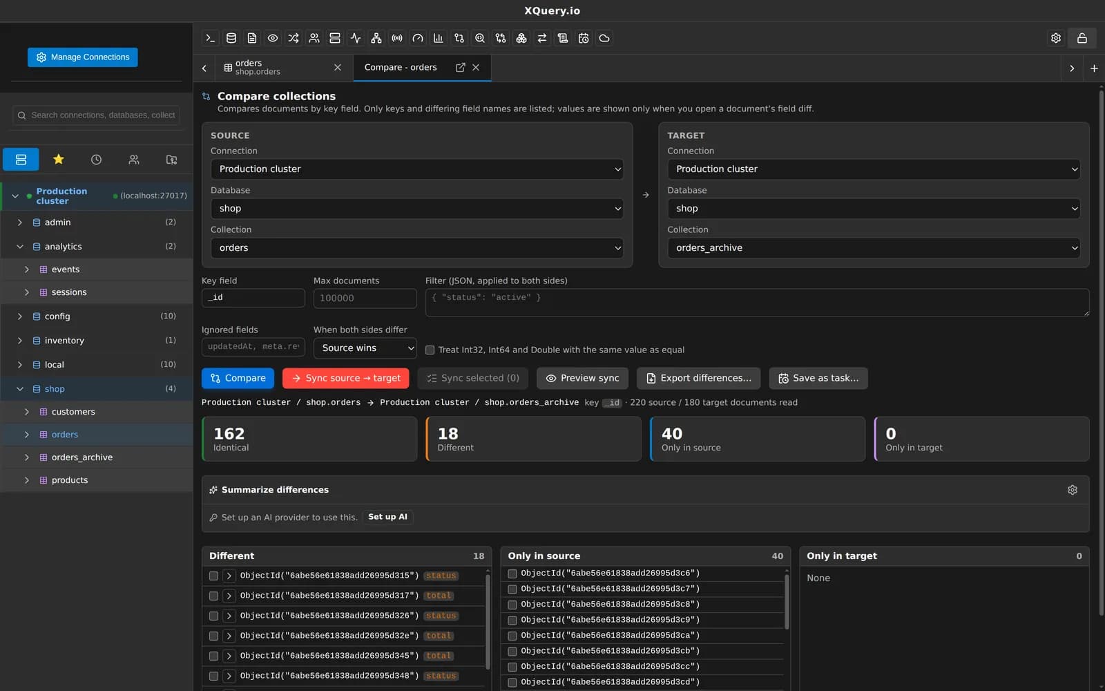 MotionQL Data Compare & Sync showing documents only in source, only in target and changed