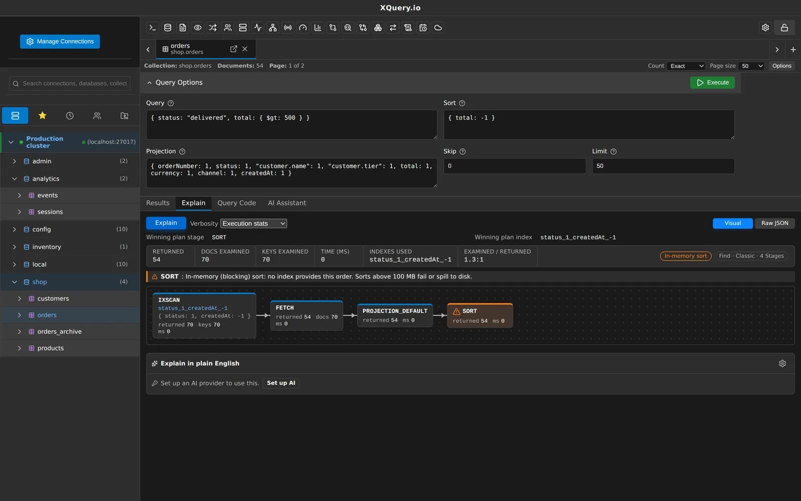 A MotionQL explain plan shown as a tree with index use, documents examined and time