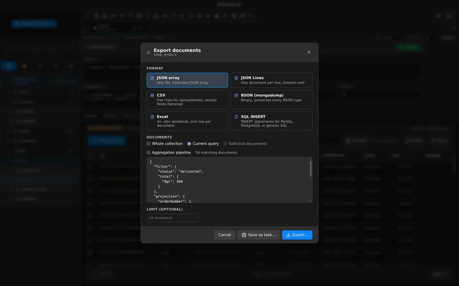 The MotionQL export dialog with format options