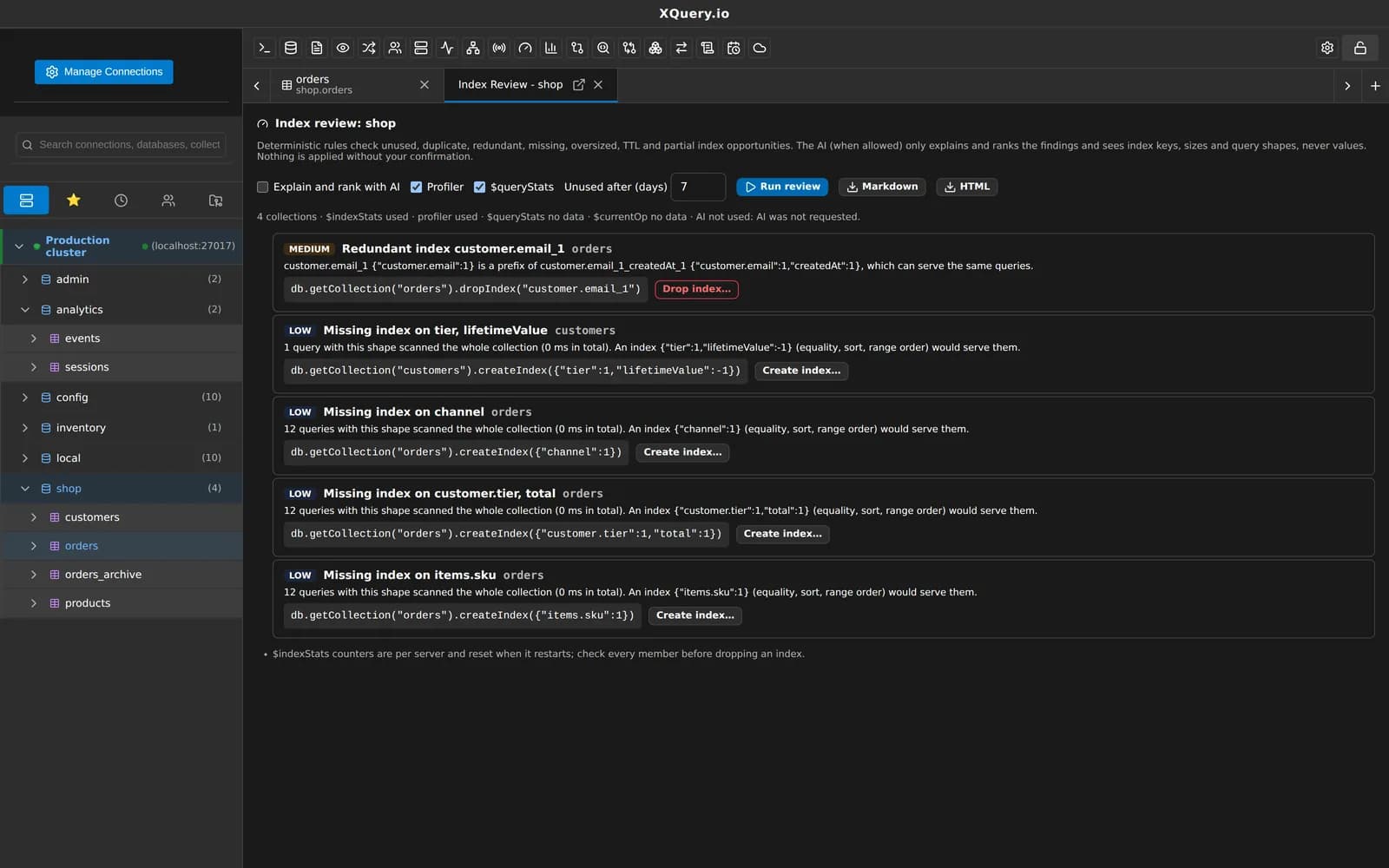 MotionQL Index Review with findings for a collection's indexes