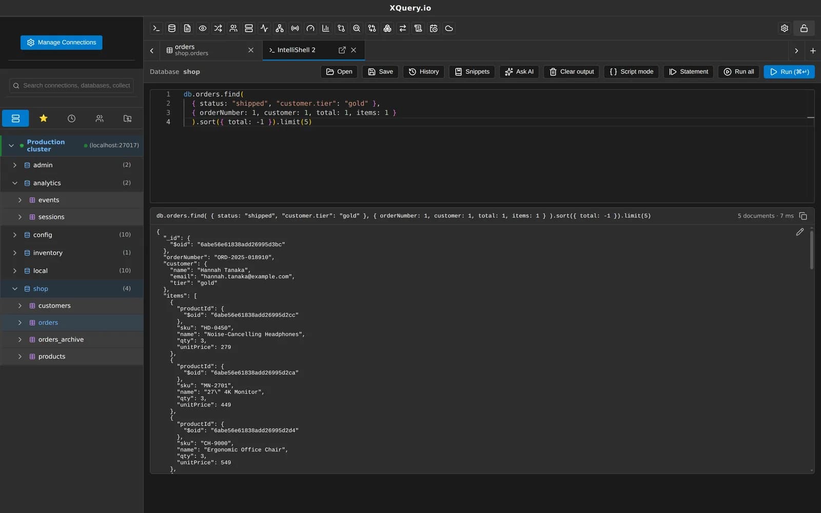 MotionQL IntelliShell with a find command, autocomplete and results