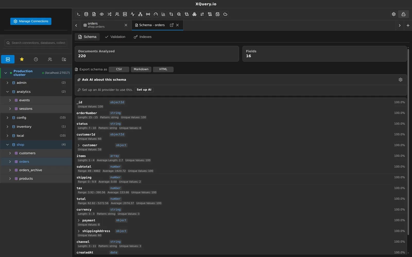 MotionQL schema analysis listing fields with types, frequency and value statistics