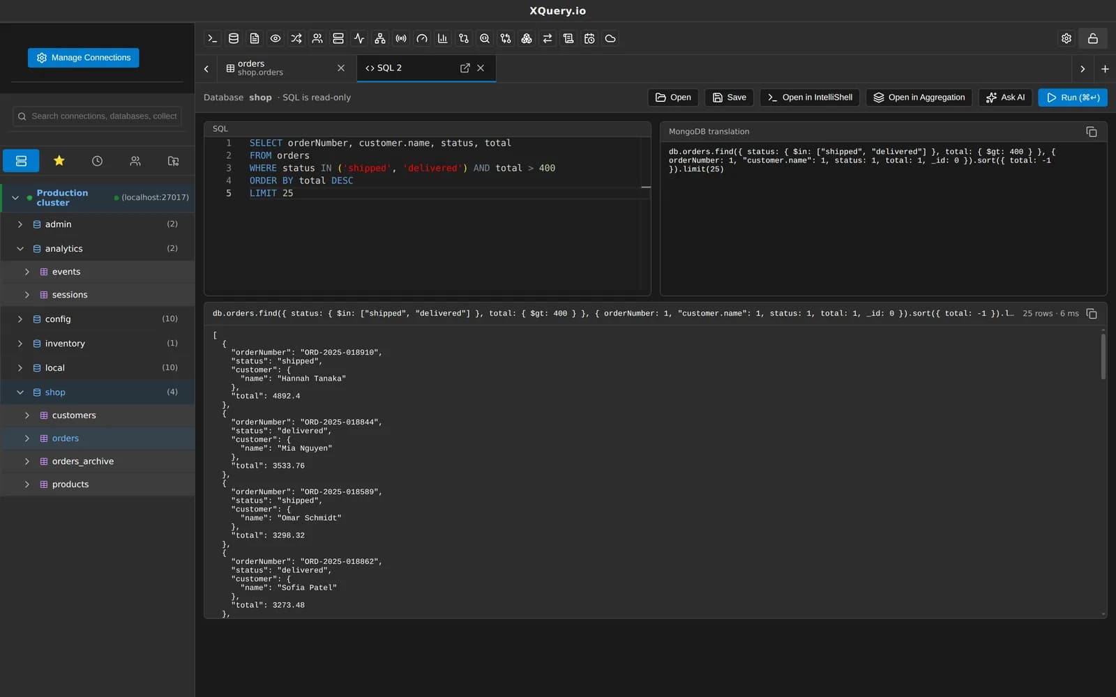 MotionQL SQL Query with a SELECT statement and its MongoDB translation