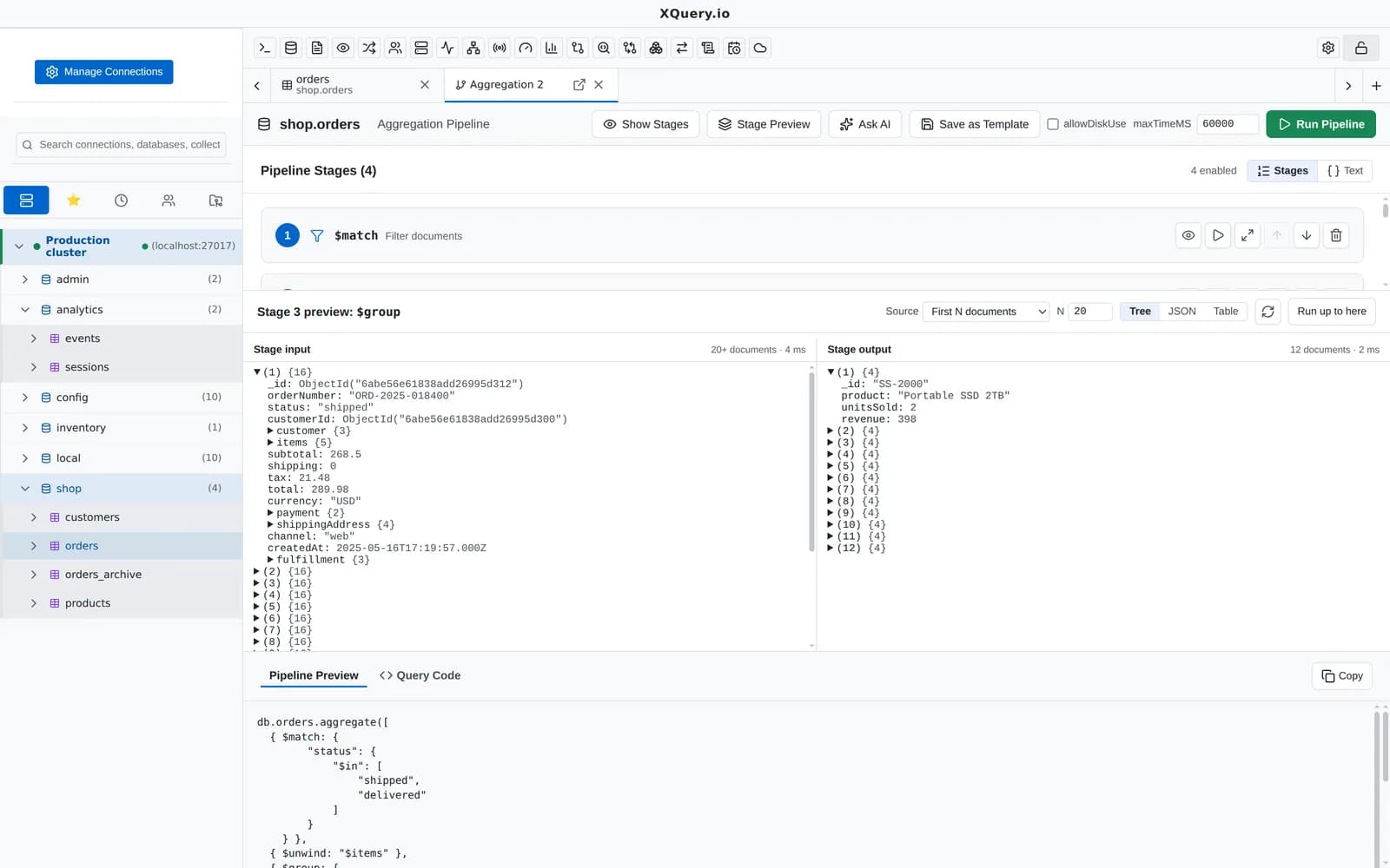 The MotionQL aggregation editor showing a pipeline and the output of the selected stage