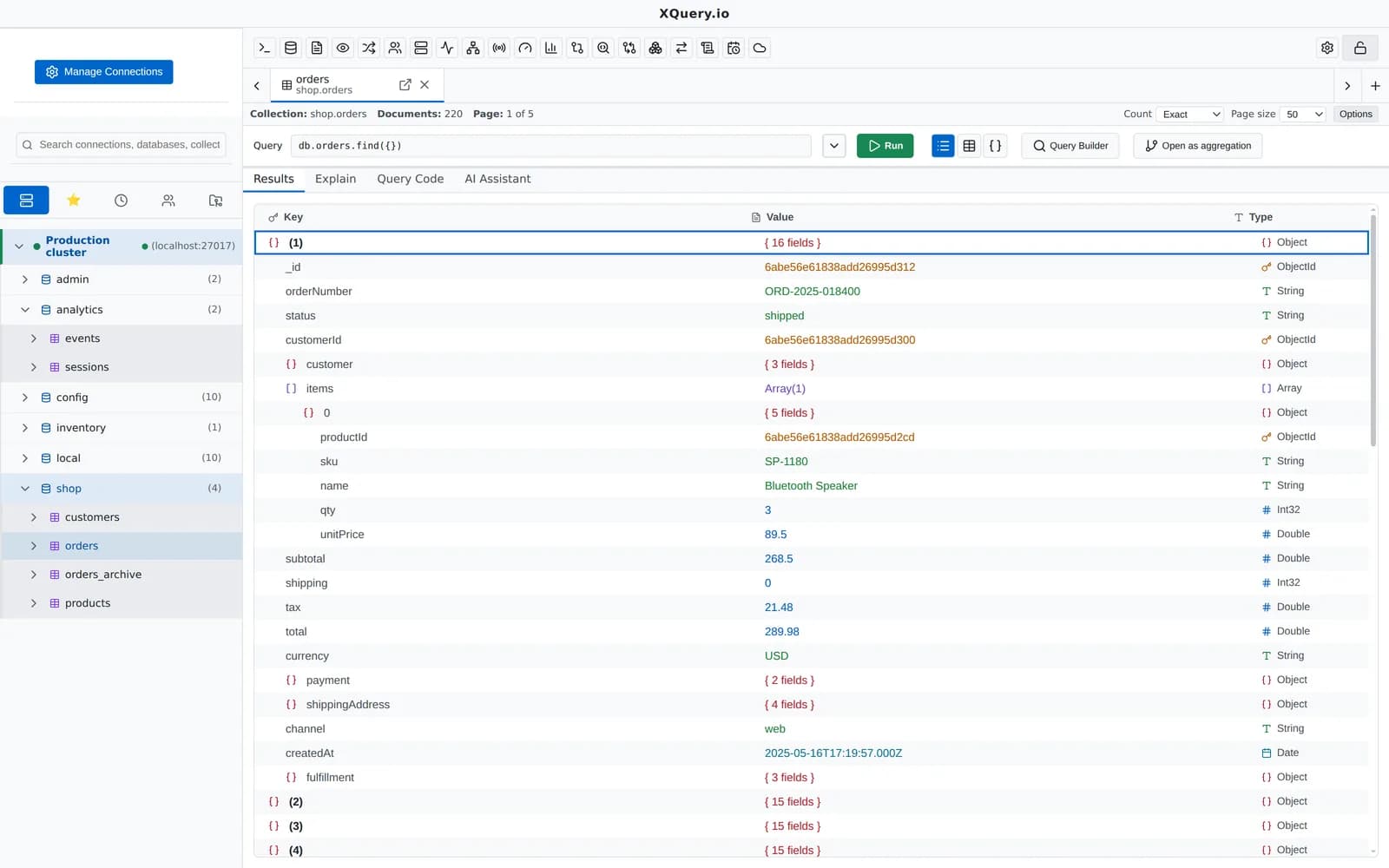 A MotionQL collection tab showing documents in a tree view