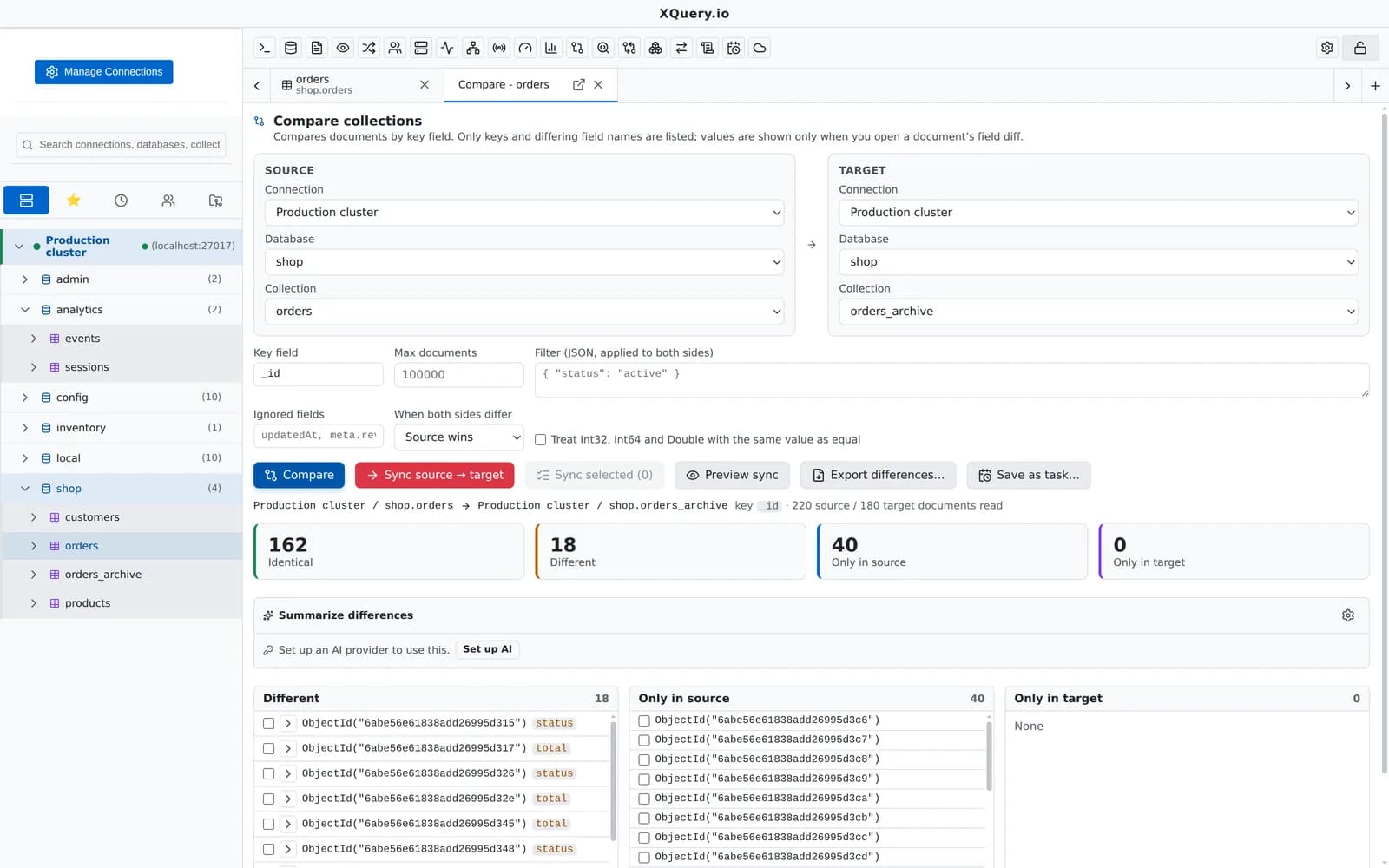 MotionQL Data Compare & Sync showing documents only in source, only in target and changed