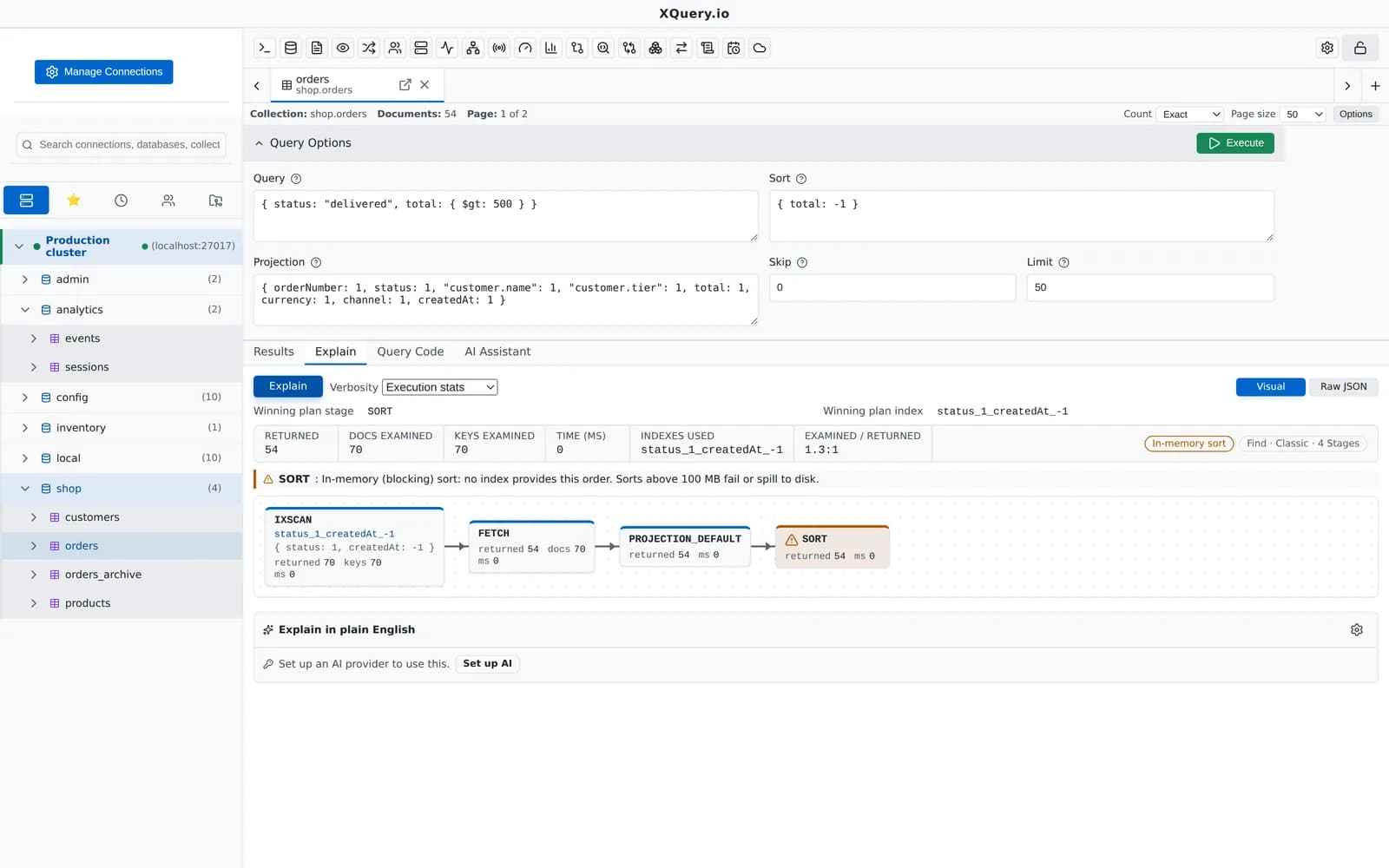 A MotionQL explain plan shown as a tree with index use, documents examined and time