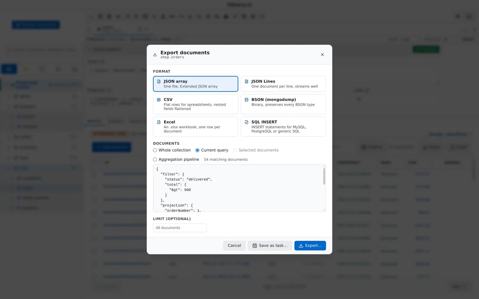 The MotionQL export dialog with format options