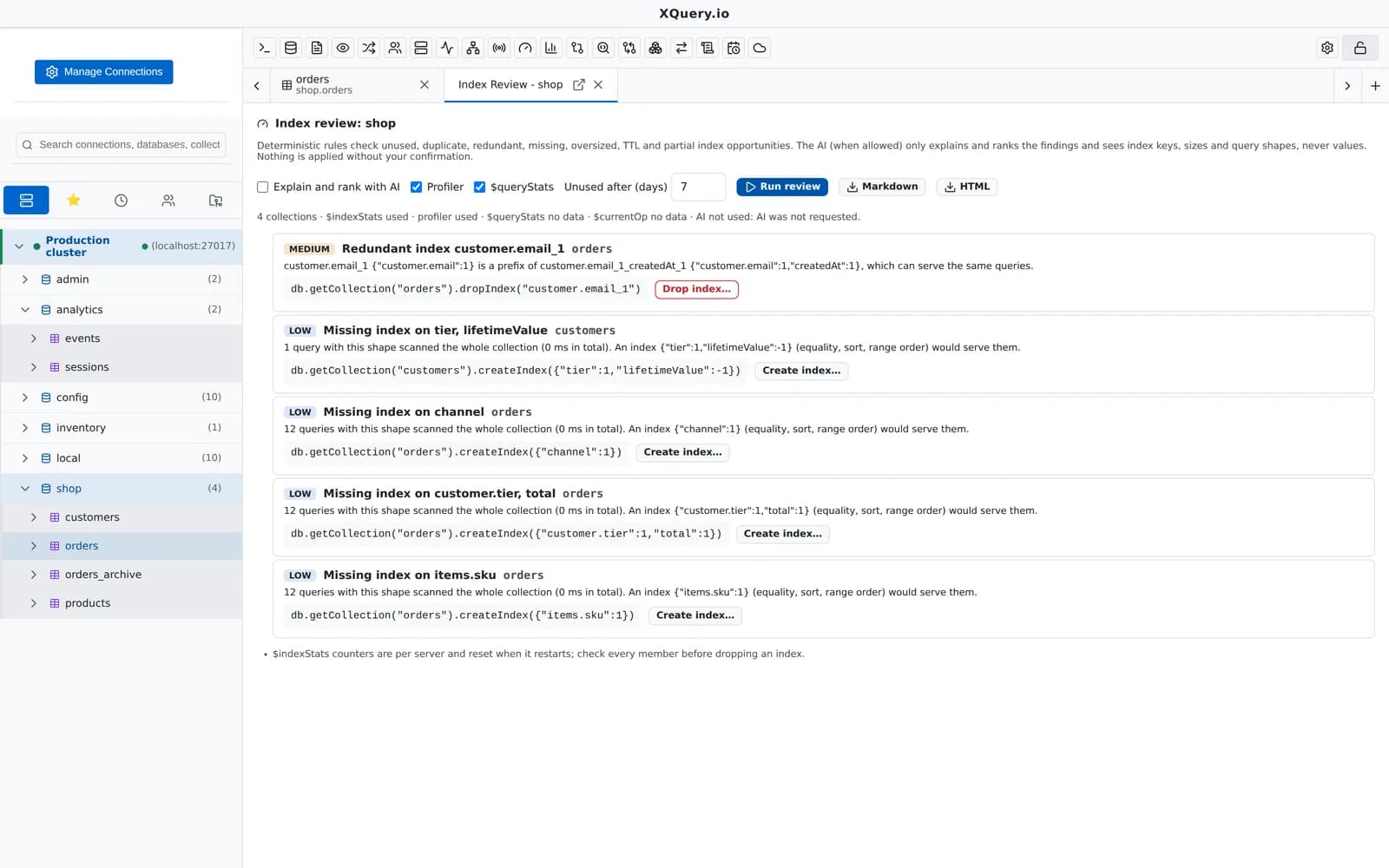 MotionQL Index Review with findings for a collection's indexes