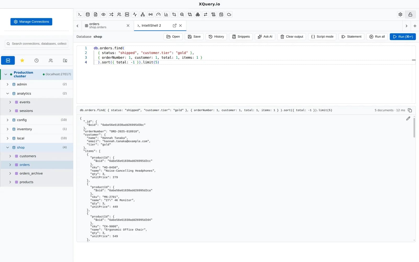 MotionQL IntelliShell with a find command, autocomplete and results
