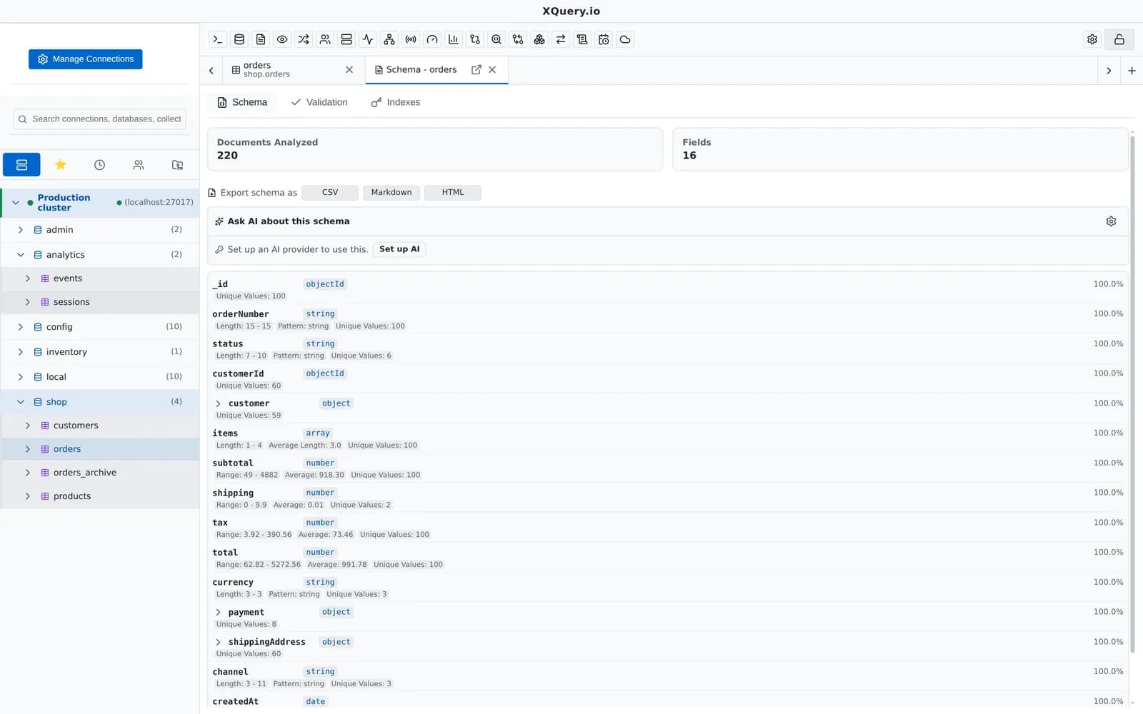 MotionQL schema analysis listing fields with types, frequency and value statistics