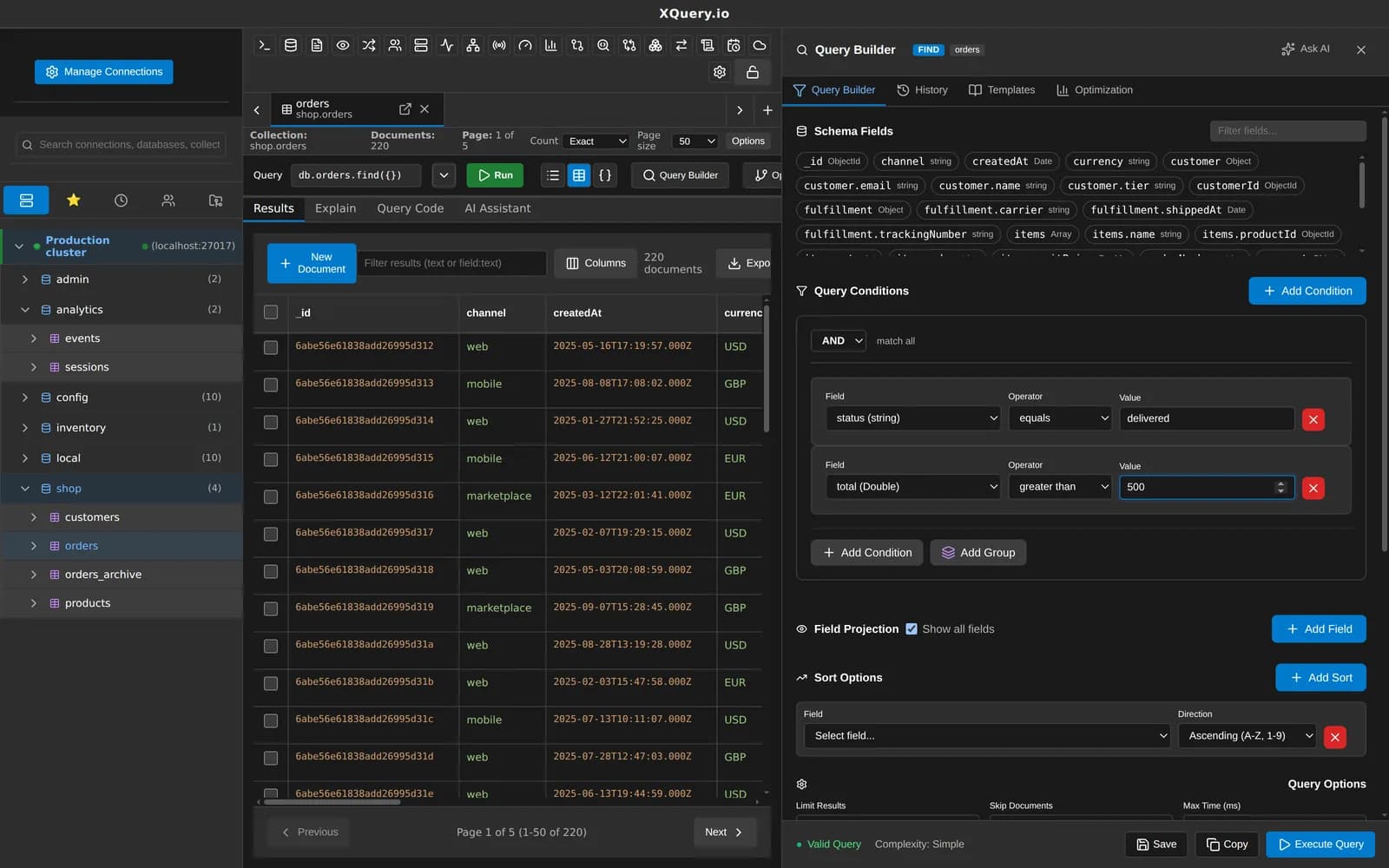 The MotionQL visual query builder with conditions, groups, projection and sort