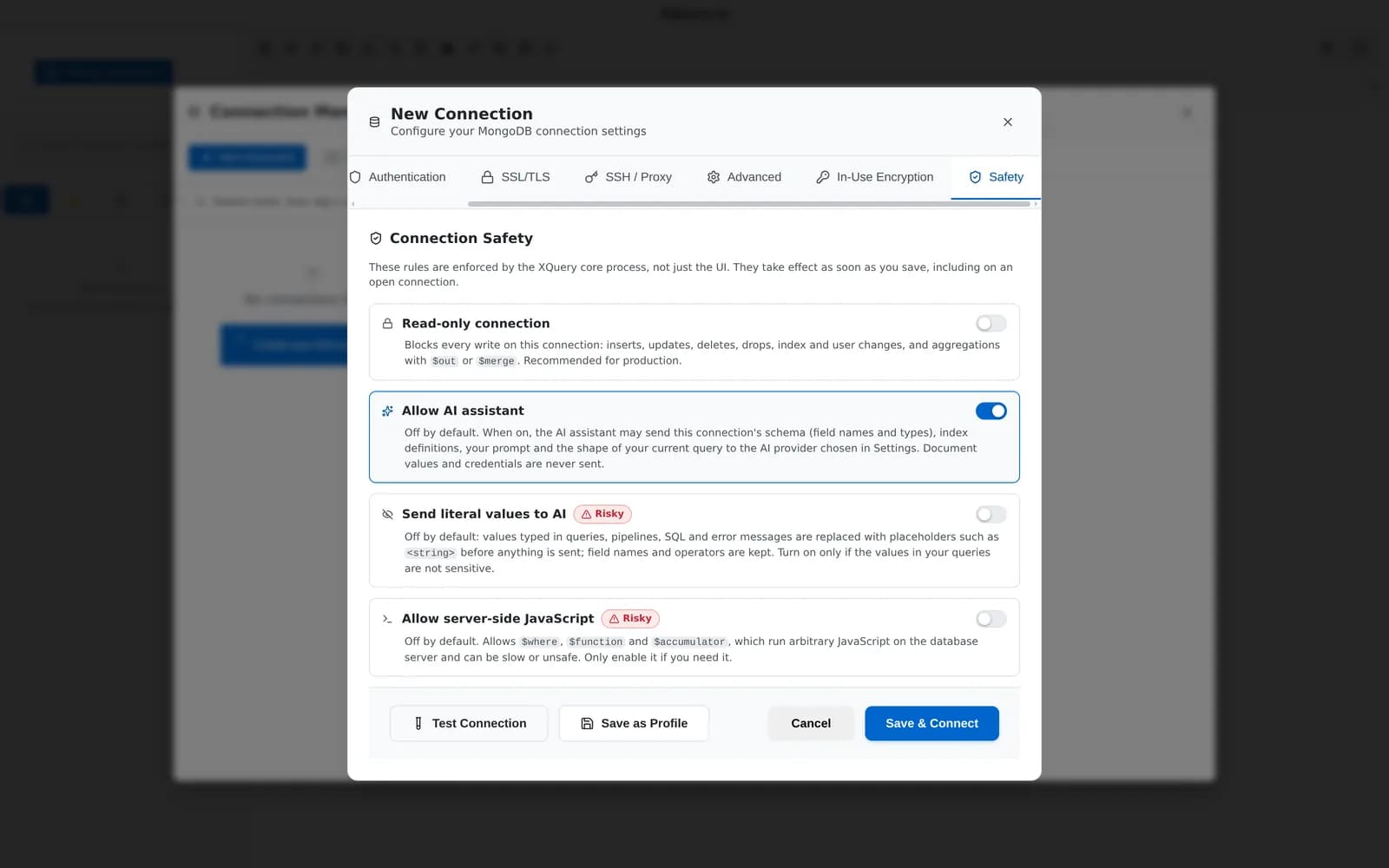 The Safety tab of a MotionQL connection with read-only, AI and server-side JavaScript switches