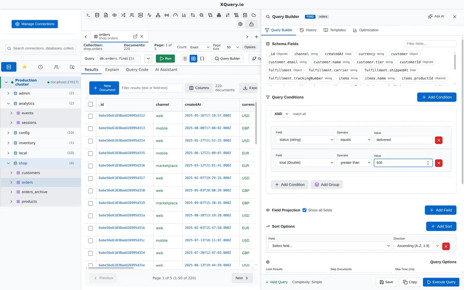 The MotionQL visual query builder with conditions, groups, projection and sort